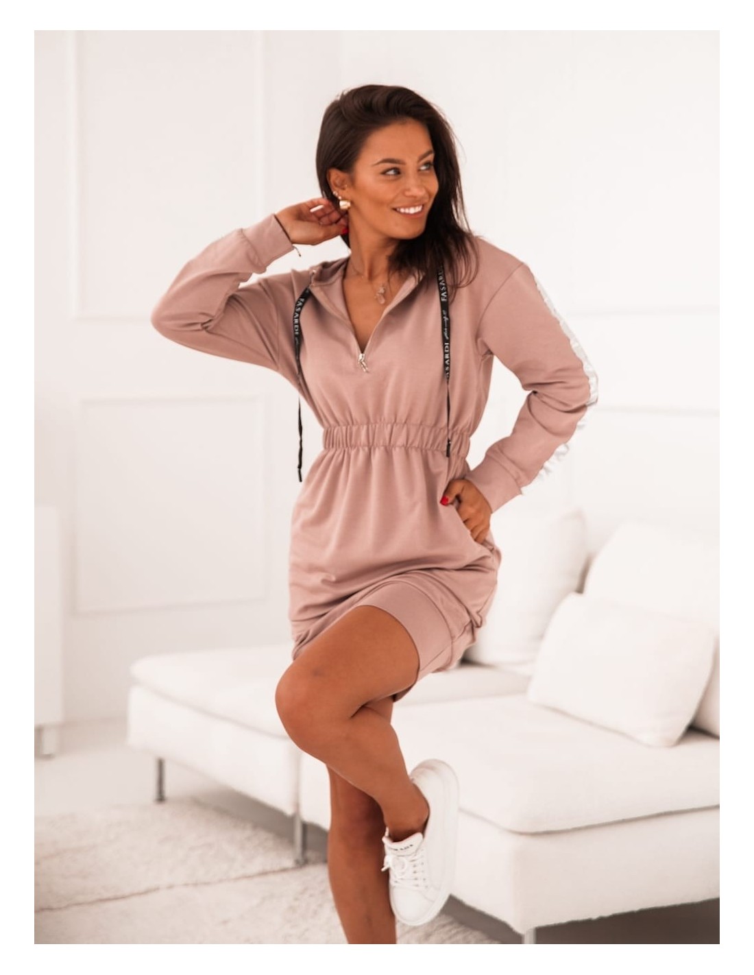 Rochie hanorac dama cu dungi si gluga cappuccino FI657 - Magazin online - Boutique